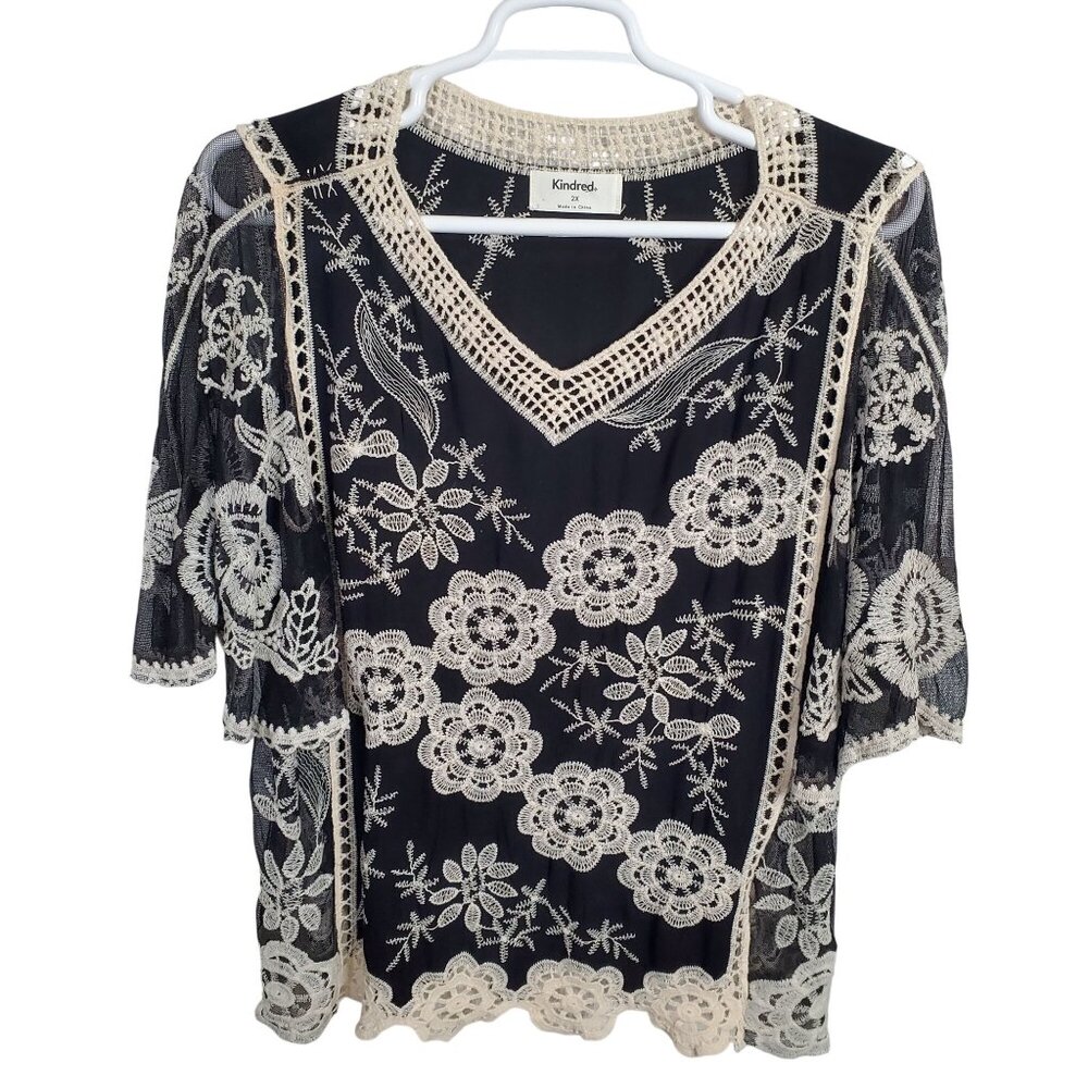 Kindred Womens Sz 2X Top Pullover Blouse Artsy Embroidered Lace Crochet Floral - Picture 2 of 8